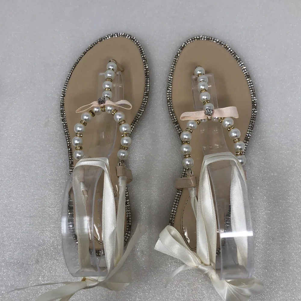 Kailee P Sandals Faux Pearl & Rhinestone Crystal Champagne Ankle Ribbon Size 33
